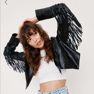 Nasty Gal faux leather fringe jacket cropped